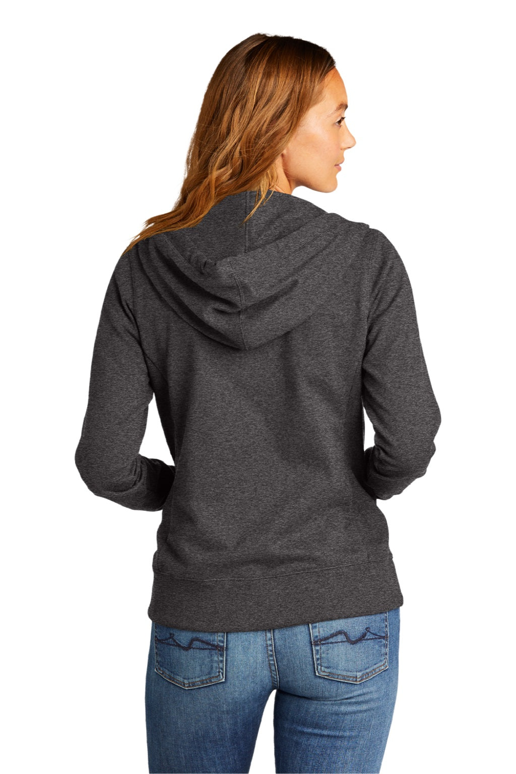 District DT8103 Womens Re-Fleece Full Zip Hooded Sweatshirt Hoodie w/ Pockets Heather Charcoal Grey Model Back