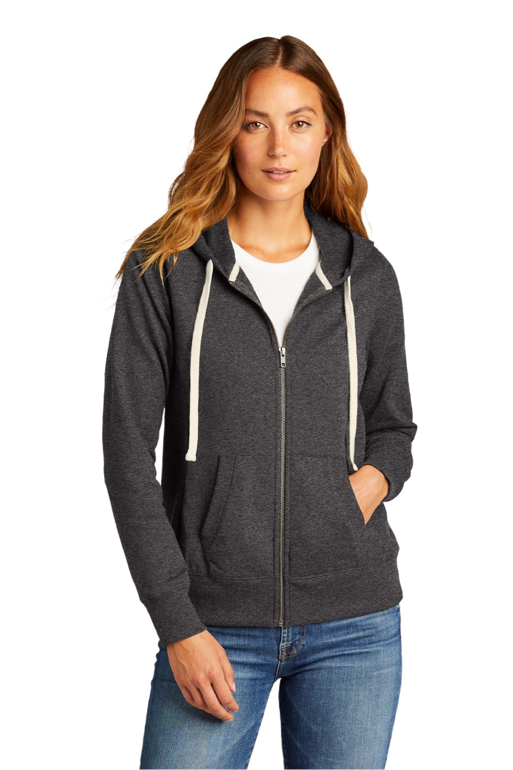 District DT8103 Womens Re-Fleece Full Zip Hooded Sweatshirt Hoodie w/ Pockets Heather Charcoal Grey Model Front