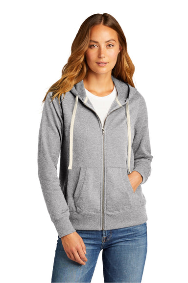 District DT8103 Womens Re-Fleece Full Zip Hooded Sweatshirt Hoodie w/ Pockets Heather Light Grey Model Front
