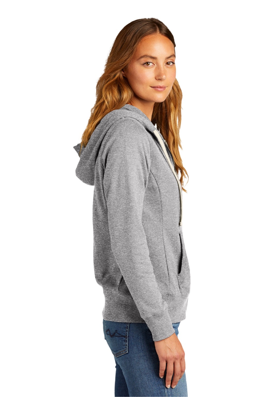 District DT8103 Womens Re-Fleece Full Zip Hooded Sweatshirt Hoodie w/ Pockets Heather Light Grey Model Side