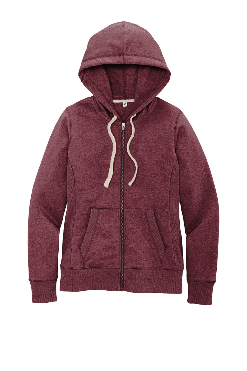 District DT8103 Womens Re-Fleece Full Zip Hooded Sweatshirt Hoodie w/ Pockets Heather Maroon Flat Front
