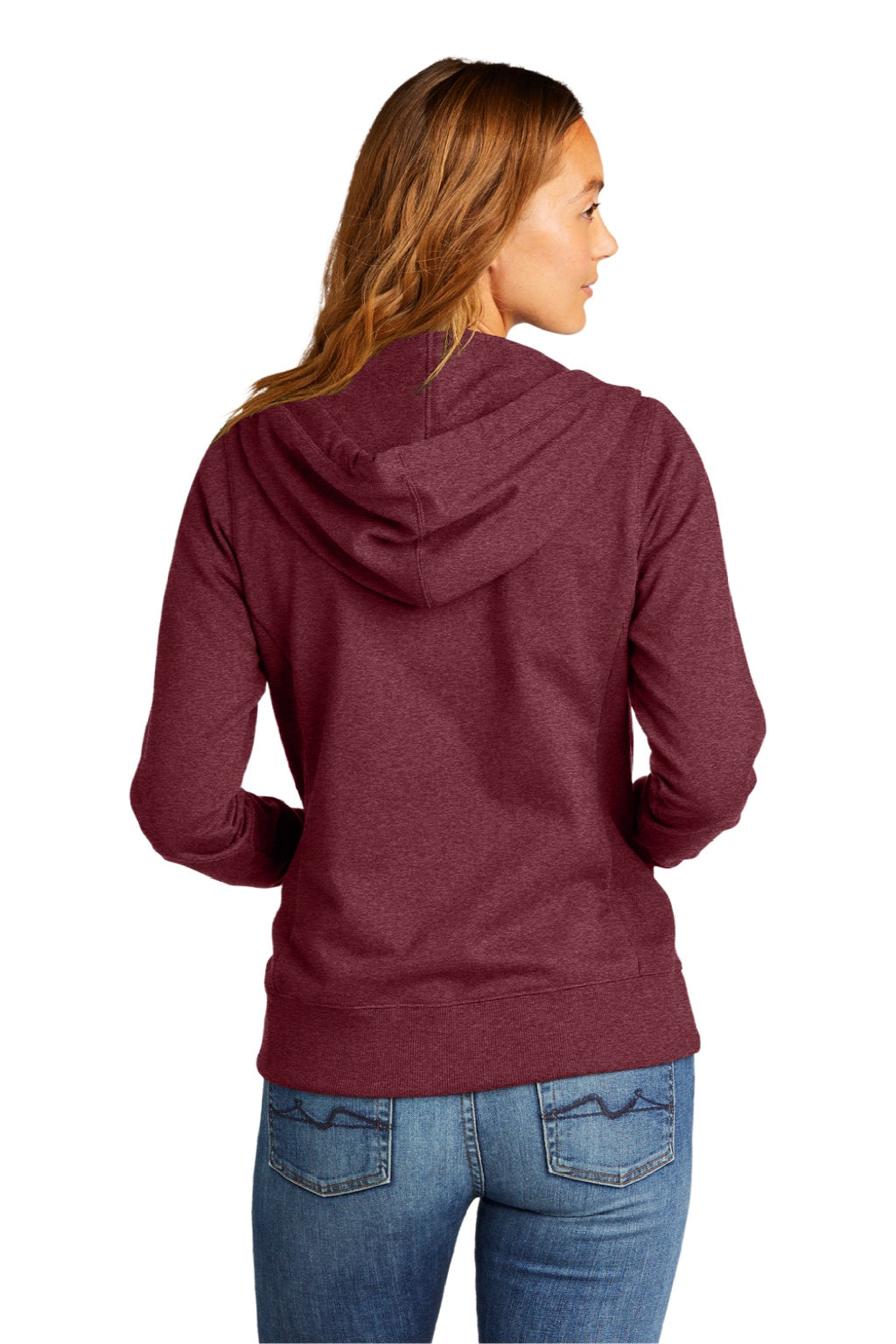 District DT8103 Womens Re-Fleece Full Zip Hooded Sweatshirt Hoodie w/ Pockets Heather Maroon Model Back