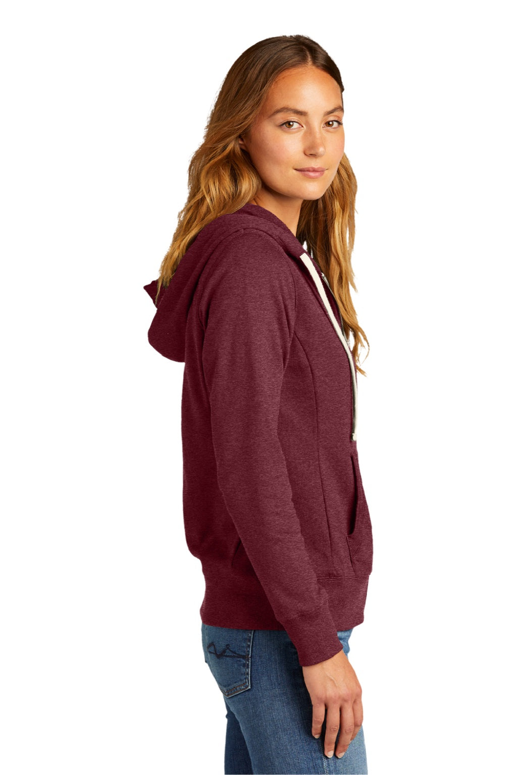 District DT8103 Womens Re-Fleece Full Zip Hooded Sweatshirt Hoodie w/ Pockets Heather Maroon Model Side
