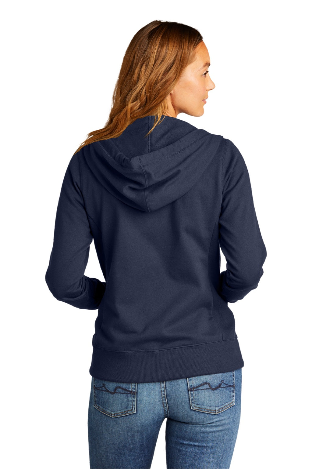 District DT8103 Womens Re-Fleece Full Zip Hooded Sweatshirt Hoodie w/ Pockets True Navy Blue Model Back