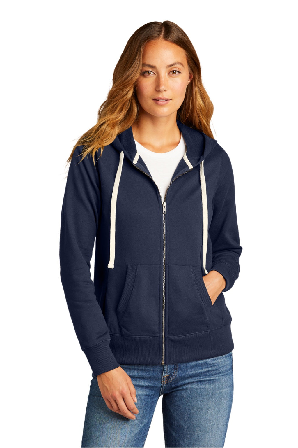 District DT8103 Womens Re-Fleece Full Zip Hooded Sweatshirt Hoodie w/ Pockets True Navy Blue Model Front
