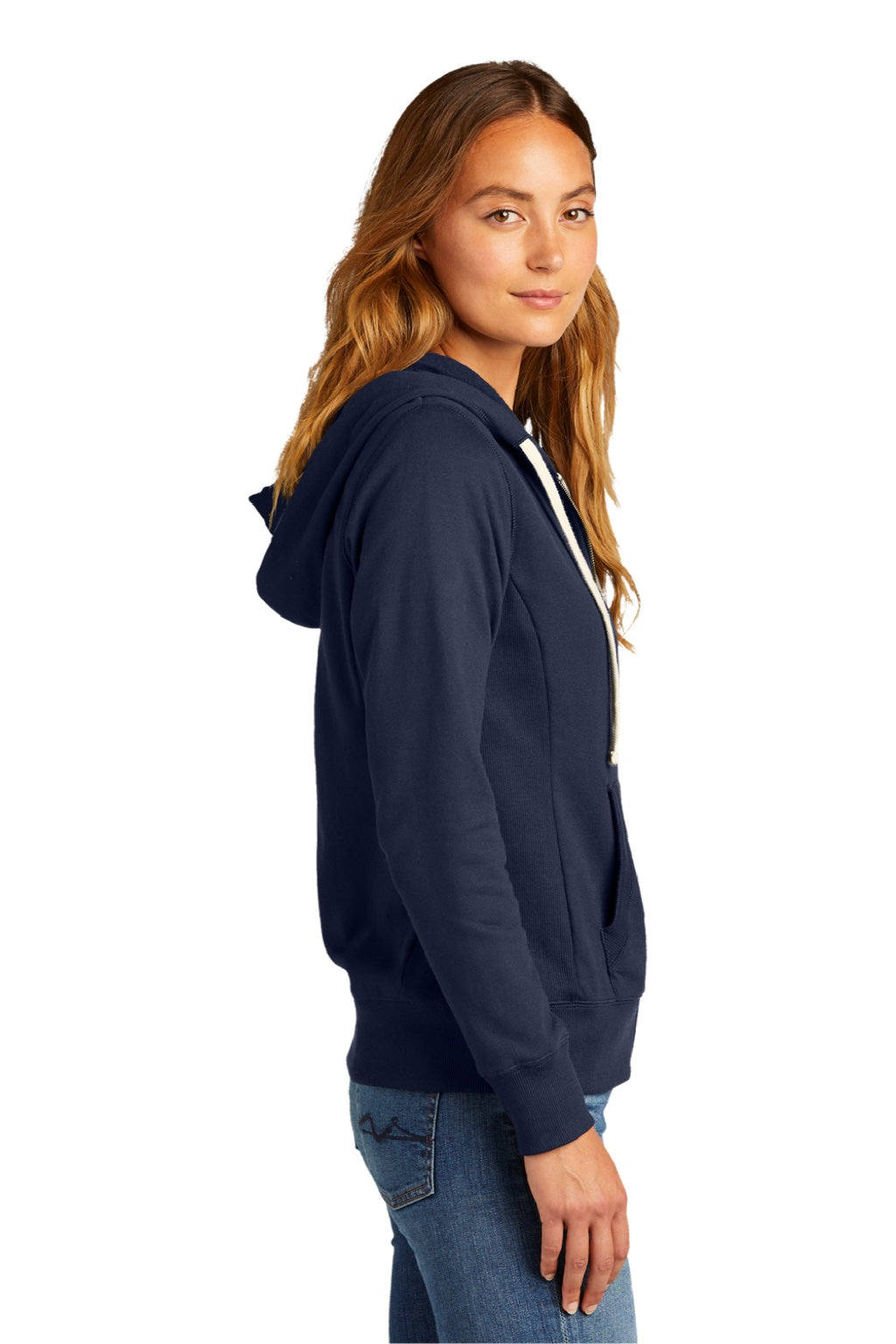 District DT8103 Womens Re-Fleece Full Zip Hooded Sweatshirt Hoodie w/ Pockets True Navy Blue Model Side