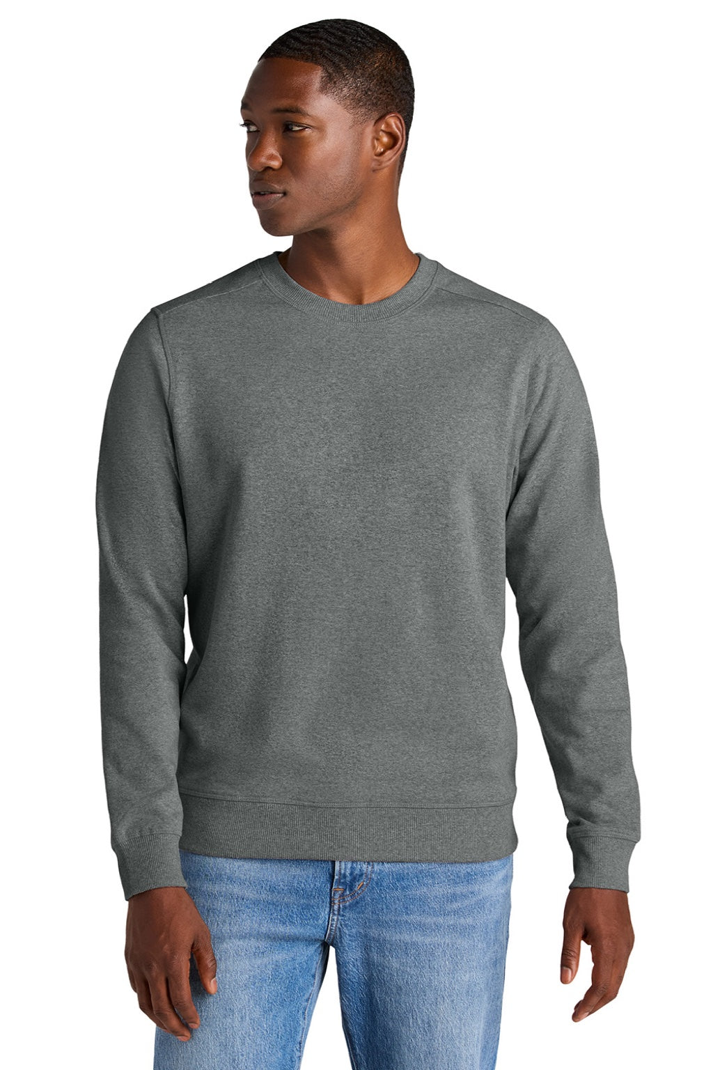 District DT8104 Mens Re-Fleece Crewneck Sweatshirt Heather Deep Grey Model Front