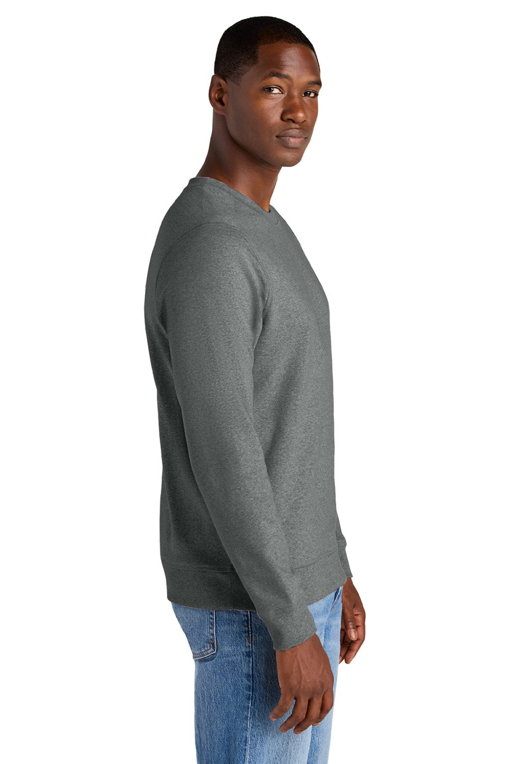 District DT8104 Mens Re-Fleece Crewneck Sweatshirt Heather Deep Grey Model Side