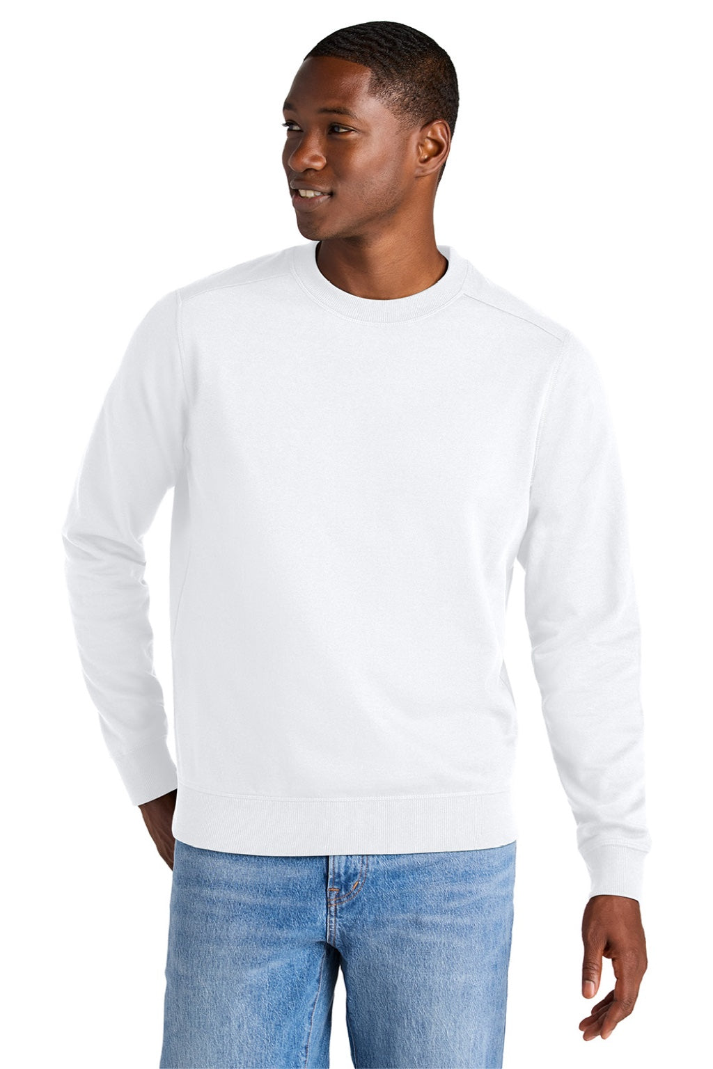 District DT8104 Mens Re-Fleece Crewneck Sweatshirt White Model Front