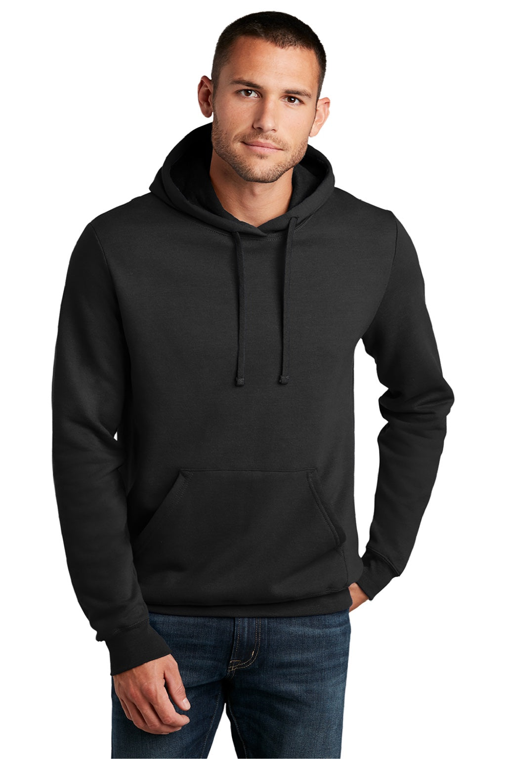 District DT810 Mens The Concert Fleece Hooded Sweatshirt Hoodie w/ Pouch Pocket Black Model Front