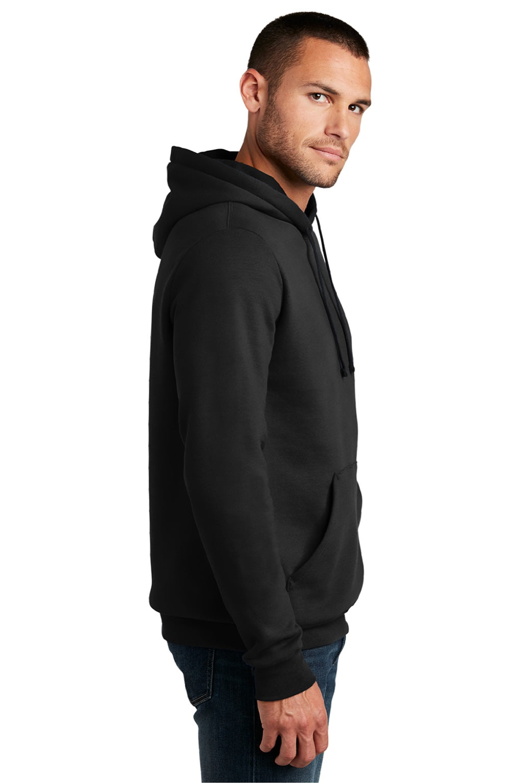 District DT810 Mens The Concert Fleece Hooded Sweatshirt Hoodie w/ Pouch Pocket Black Model Side
