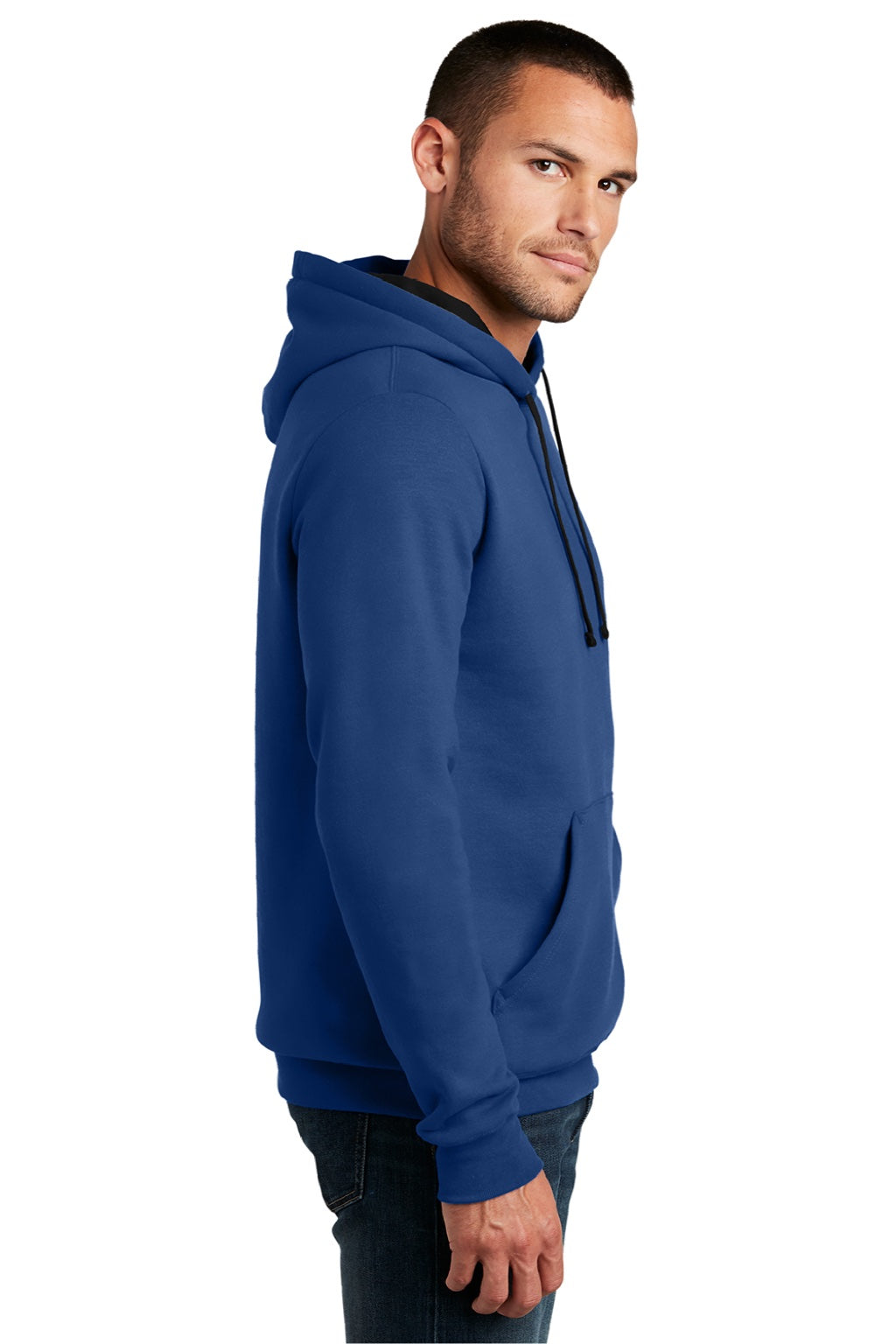 District DT810 Mens The Concert Fleece Hooded Sweatshirt Hoodie w/ Pouch Pocket Deep Royal Blue Model Side