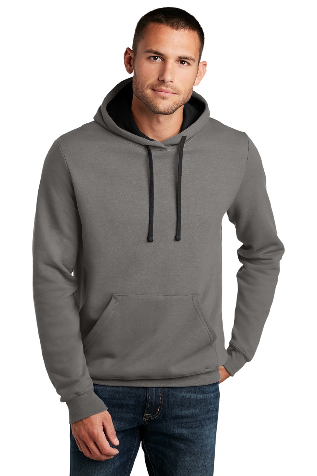 District DT810 Mens The Concert Fleece Hooded Sweatshirt Hoodie w/ Pouch Pocket Grey Model Front