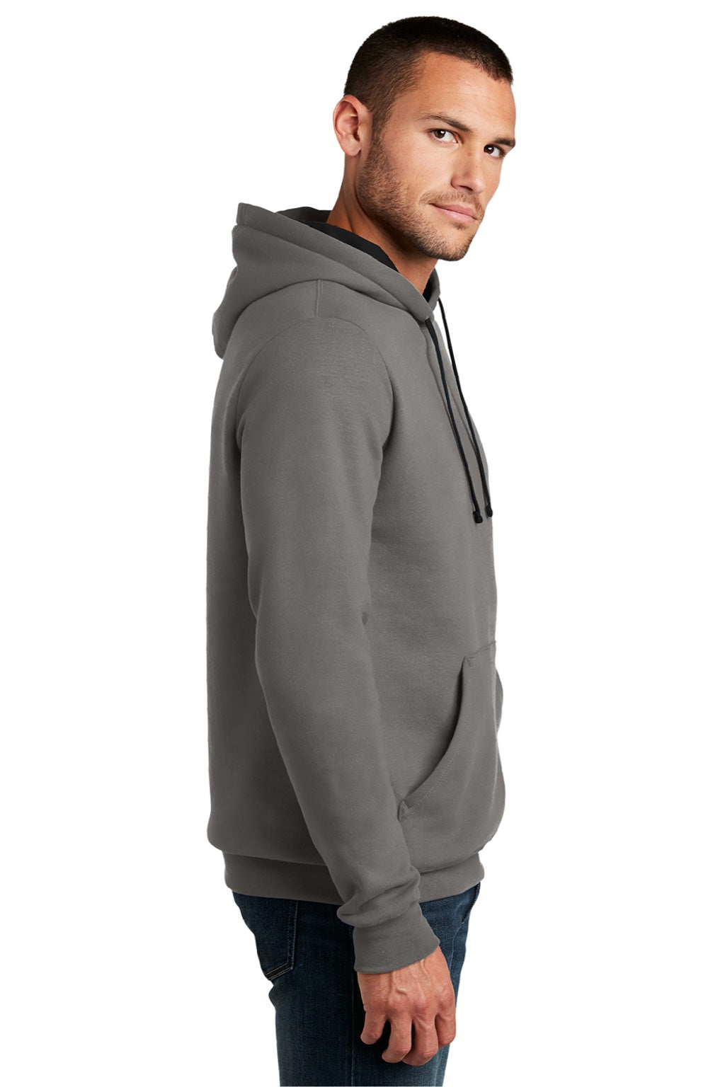 District DT810 Mens The Concert Fleece Hooded Sweatshirt Hoodie w/ Pouch Pocket Grey Model Side