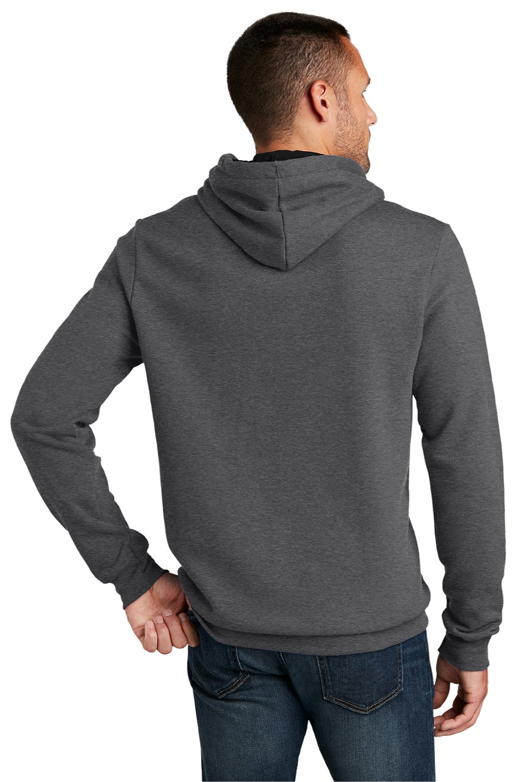 District DT810 Mens The Concert Fleece Hooded Sweatshirt Hoodie w/ Pouch Pocket Heather Charcoal Grey Model Back