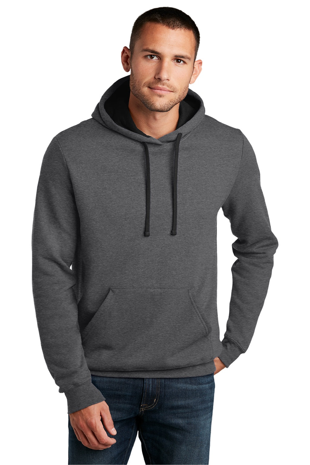 District DT810 Mens The Concert Fleece Hooded Sweatshirt Hoodie w/ Pouch Pocket Heather Charcoal Grey Model Front