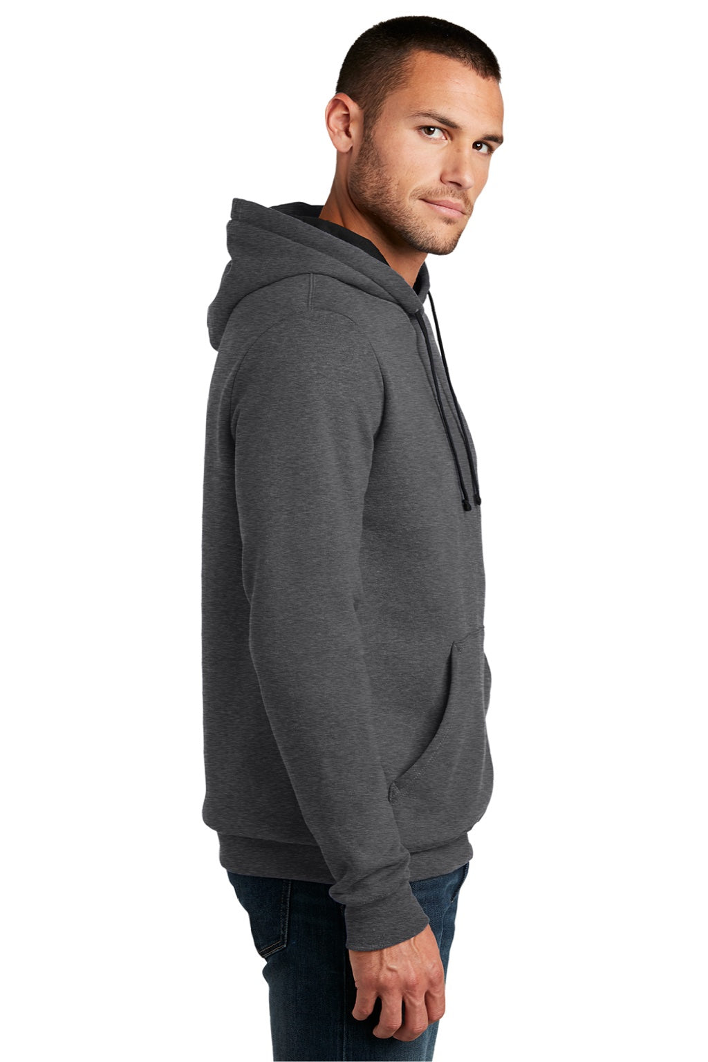 District DT810 Mens The Concert Fleece Hooded Sweatshirt Hoodie w/ Pouch Pocket Heather Charcoal Grey Model Side