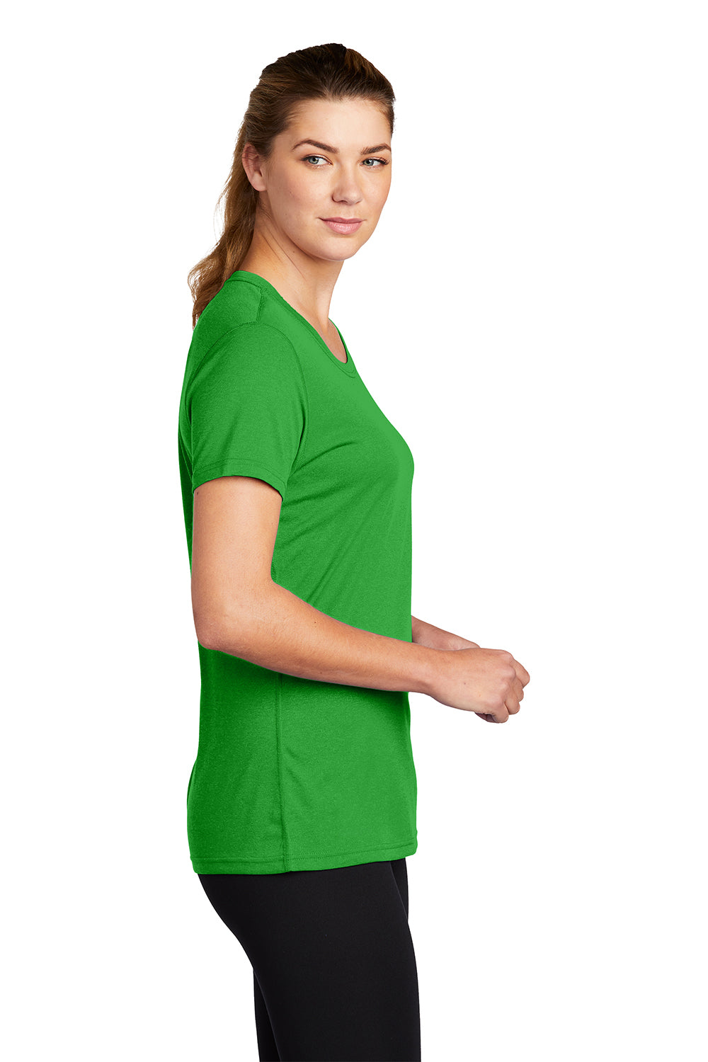 Nike DV7312 Womens Team rLegend Dri-Fit Moisture Wicking Short Sleeve Crewneck T-Shirt Apple Green Model Side