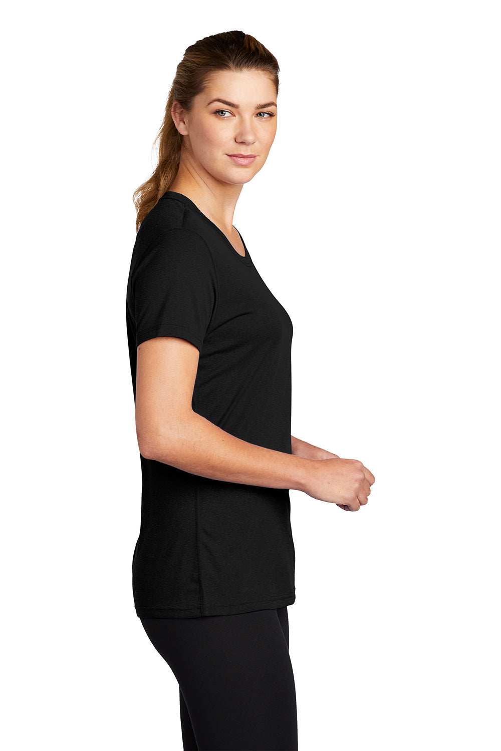 Nike DV7312 Womens Team rLegend Dri-Fit Moisture Wicking Short Sleeve Crewneck T-Shirt Black Model Side