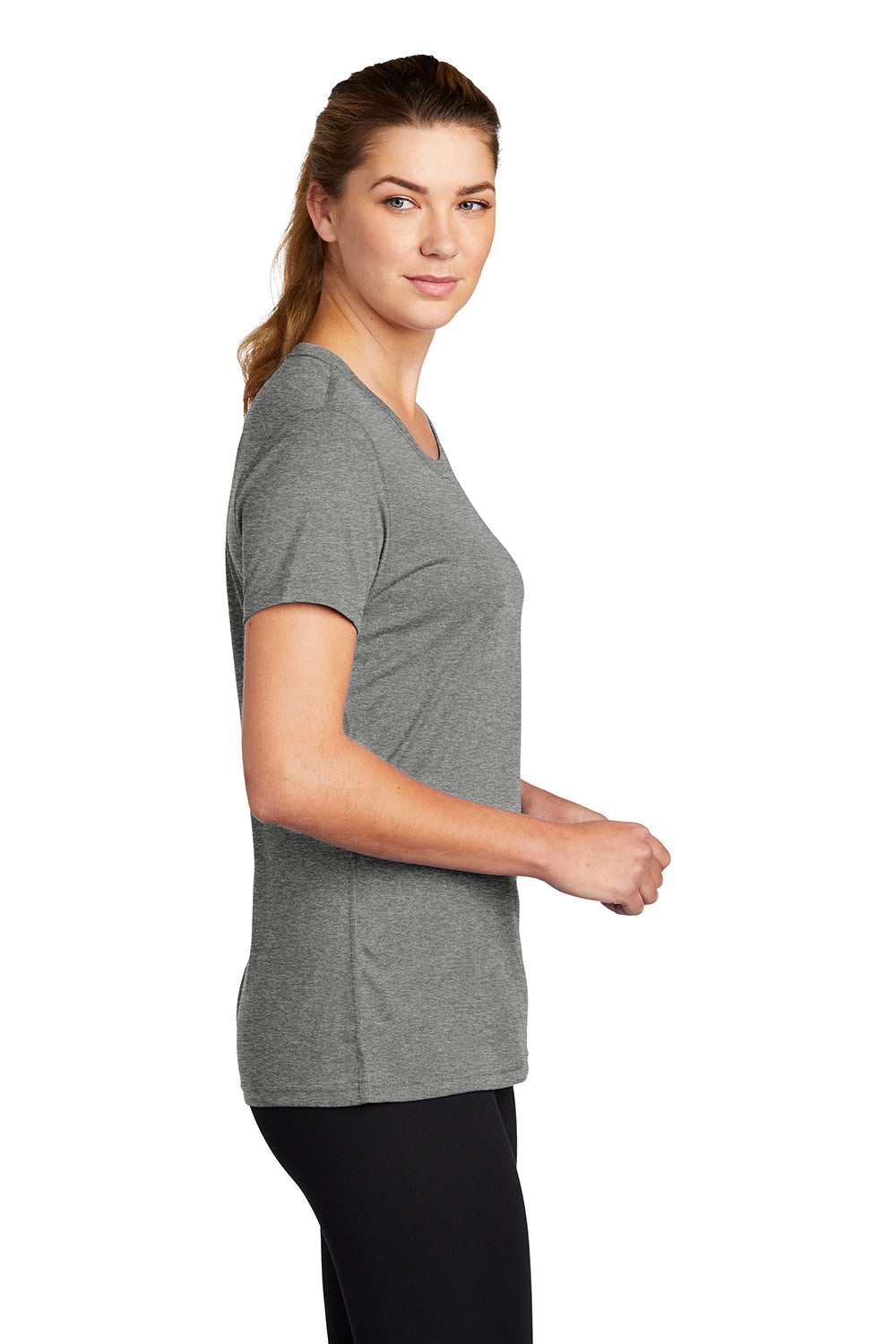 Nike DV7312 Womens Team rLegend Dri-Fit Moisture Wicking Short Sleeve Crewneck T-Shirt Heather Carbon Grey Model Side