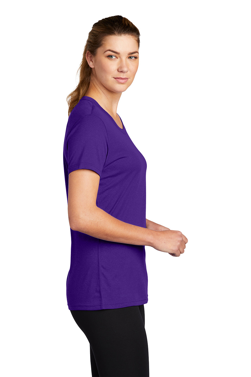 Nike DV7312 Womens Team rLegend Dri-Fit Moisture Wicking Short Sleeve Crewneck T-Shirt Court Purple Model Side