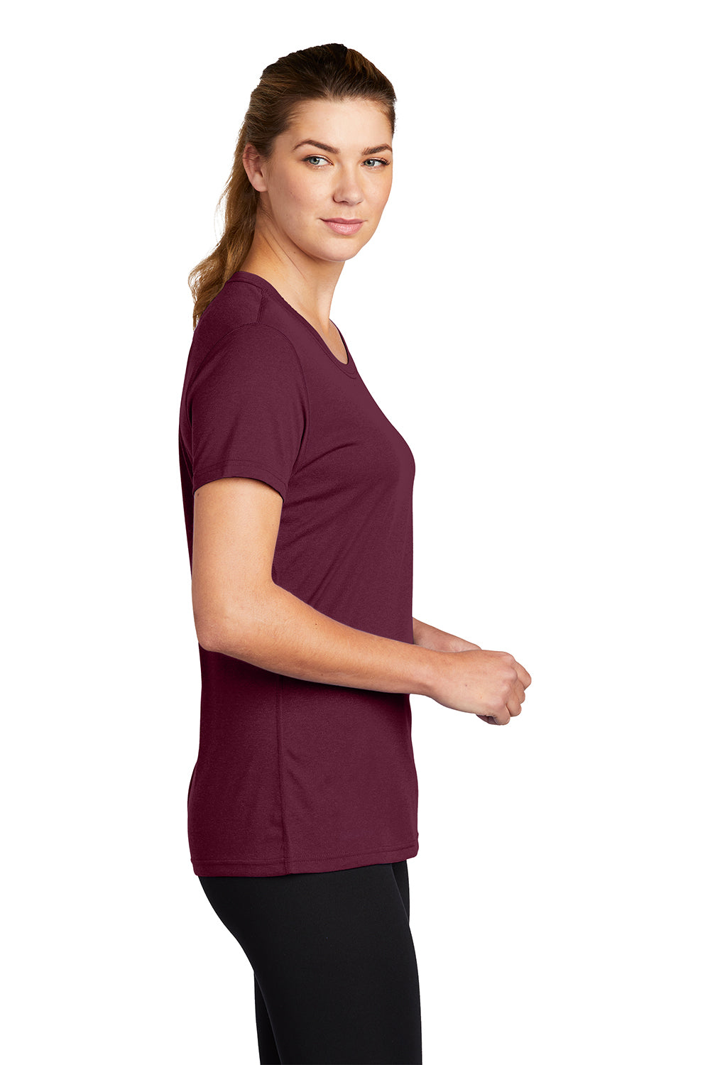 Nike DV7312 Womens Team rLegend Dri-Fit Moisture Wicking Short Sleeve Crewneck T-Shirt Deep Maroon Model Side