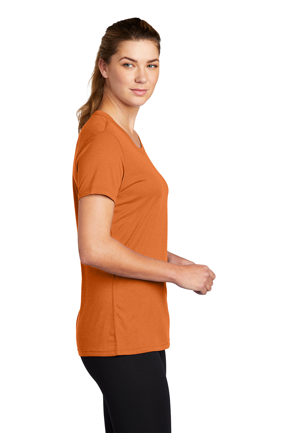 Nike DV7312 Womens Team rLegend Dri-Fit Moisture Wicking Short Sleeve Crewneck T-Shirt Desert Orange Model Side