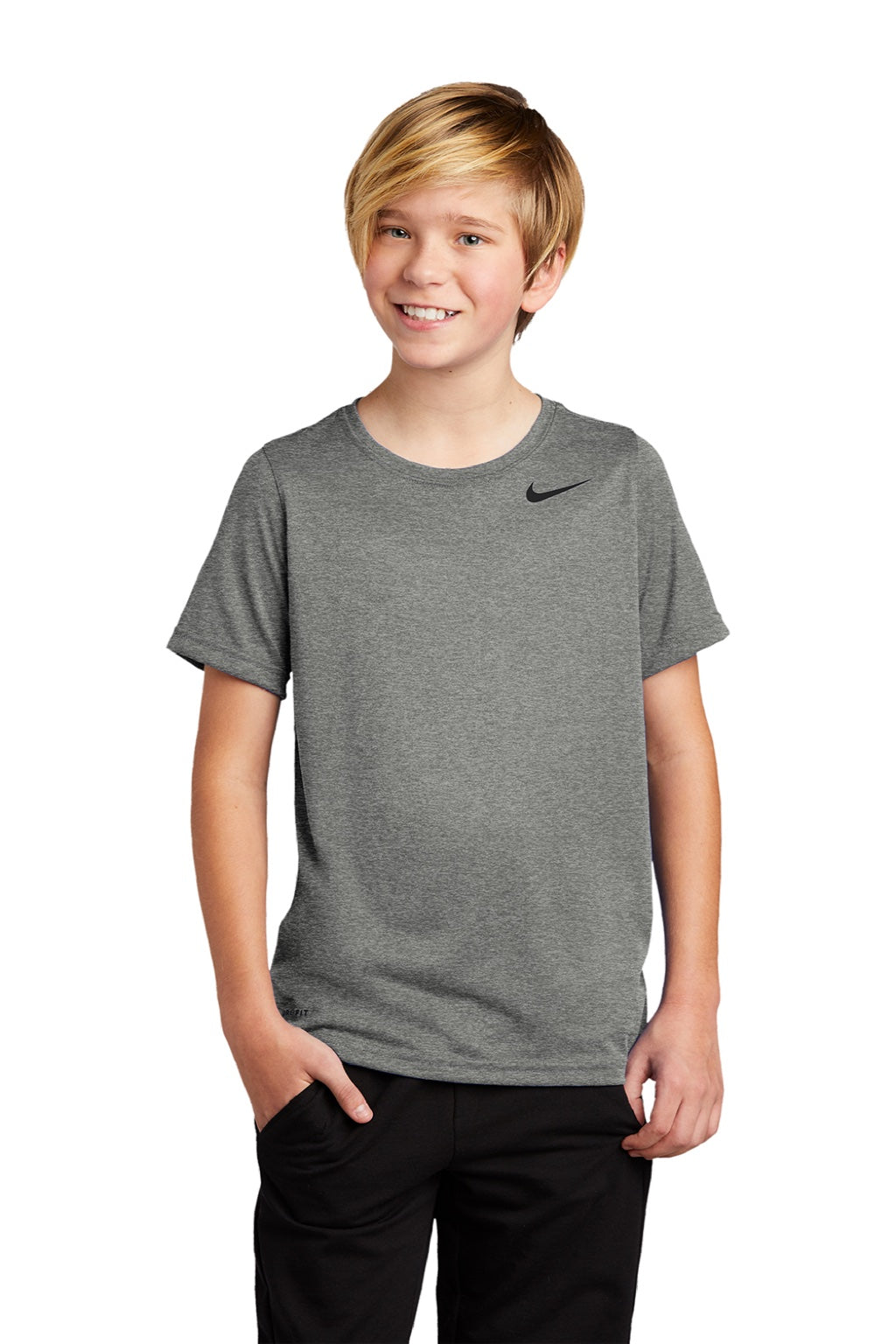 Nike DV7317 Youth Team rLegend Dri-Fit Moisture Wicking Short Sleeve Crewneck T-Shirt Heather Carbon Grey Model Front