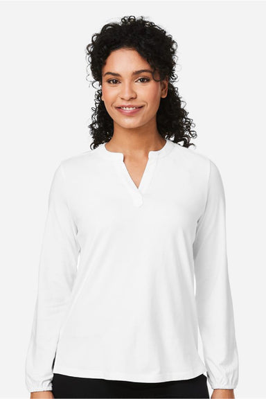 Devon & Jones DP122W Womens Raleigh Moisture Wicking V-Neck Long Sleeve Shirt White Model Front