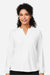 Devon & Jones DP122W Womens Raleigh Moisture Wicking V-Neck Long Sleeve Shirt White Model Front
