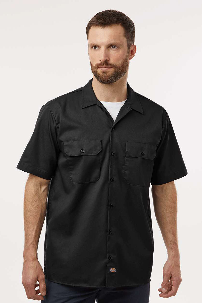 Dickies 2574 Mens Moisture Wicking Short Sleeve Button Down Work Shirt w/ Double Pockets Black Model Front
