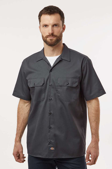Dickies 2574 Mens Moisture Wicking Short Sleeve Button Down Work Shirt w/ Double Pockets Charcoal Grey Model Front