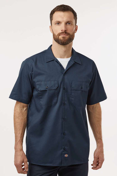 Dickies 2574 Mens Moisture Wicking Short Sleeve Button Down Work Shirt w/ Double Pockets Dark Navy Blue Model Front