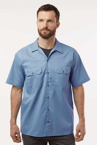 Dickies 2574 Mens Moisture Wicking Short Sleeve Button Down Work Shirt w/ Double Pockets Gulf Blue Model Front