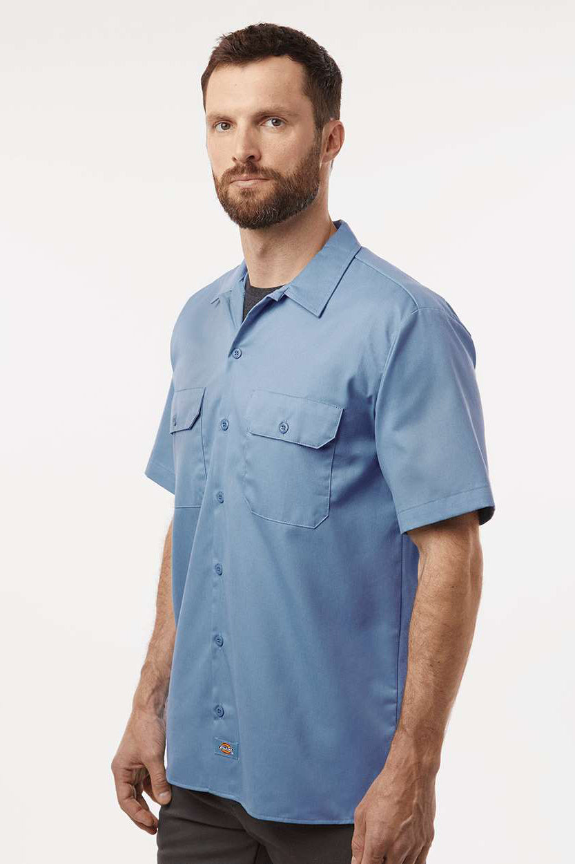 Dickies 2574 Mens Moisture Wicking Short Sleeve Button Down Work Shirt w/ Double Pockets Gulf Blue Model Side