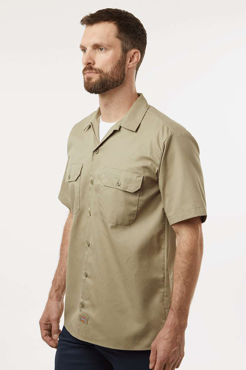 Dickies 2574 Mens Moisture Wicking Short Sleeve Button Down Work Shirt w/ Double Pockets Khaki Model Side