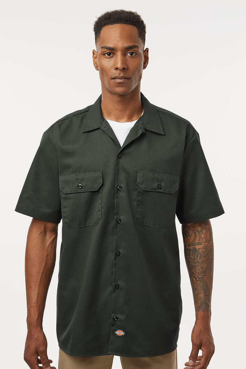 Dickies 2574 Mens Olive Green Moisture Wicking Short Sleeve Button