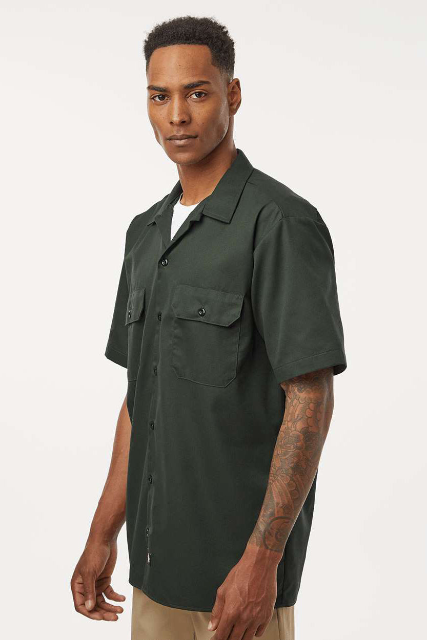 Dickies 2574 Mens Moisture Wicking Short Sleeve Button Down Work Shirt w/ Double Pockets Olive Green Model Side