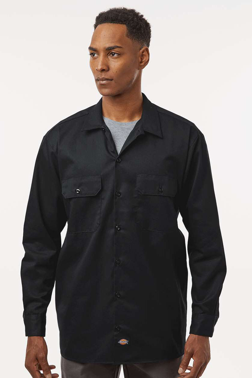 Dickies 5574 Mens Moisture Wicking Long Sleeve Button Down Work Shirt w/ Double Pockets Black Model Front