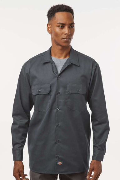 Dickies 5574 Mens Moisture Wicking Long Sleeve Button Down Work Shirt w/ Double Pockets Charcoal Grey Model Front