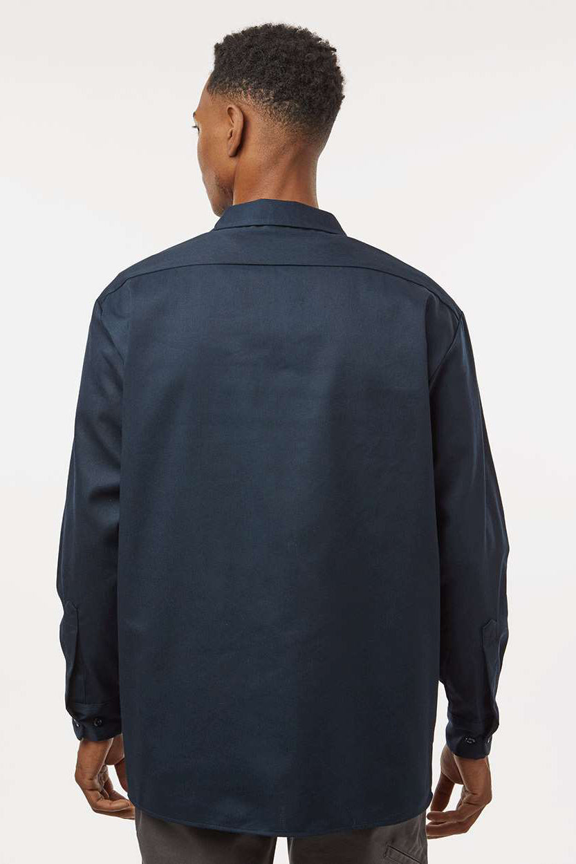 Dickies 5574 Mens Moisture Wicking Long Sleeve Button Down Work Shirt w/ Double Pockets Dark Navy Blue Model Back