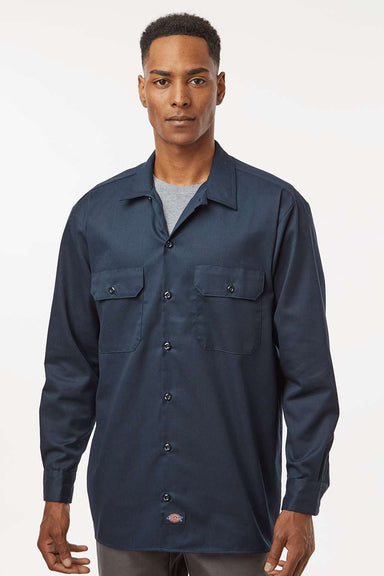 Dickies 5574 Mens Moisture Wicking Long Sleeve Button Down Work Shirt w/ Double Pockets Dark Navy Blue Model Front