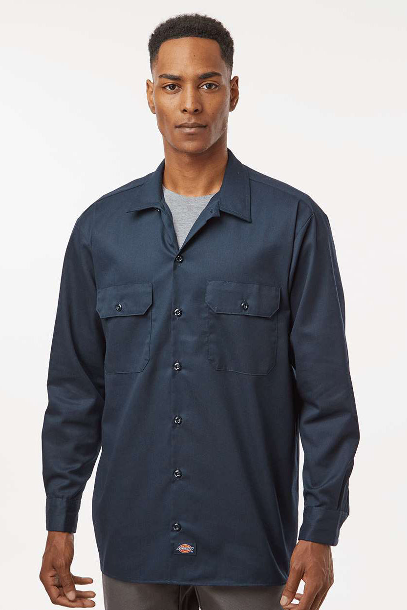 Dickies 5574 Mens Moisture Wicking Long Sleeve Button Down Work Shirt w/ Double Pockets Dark Navy Blue Model Front