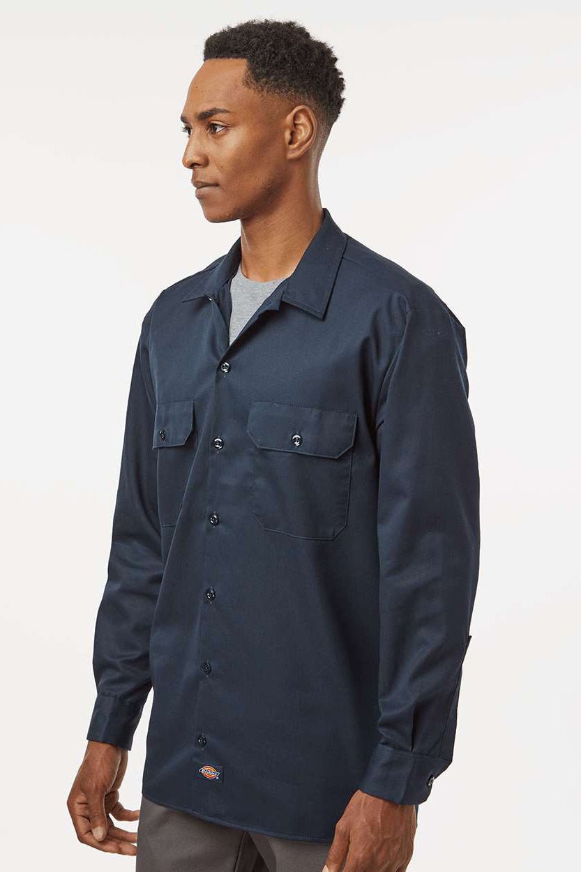 Dickies 5574 Mens Moisture Wicking Long Sleeve Button Down Work Shirt w/ Double Pockets Dark Navy Blue Model Side