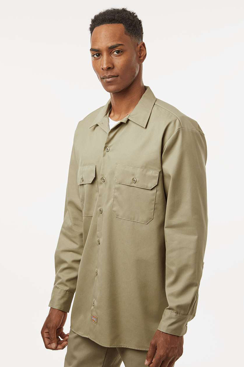 Dickies 5574 Mens Moisture Wicking Long Sleeve Button Down Work Shirt w/ Double Pockets Khaki Model Side