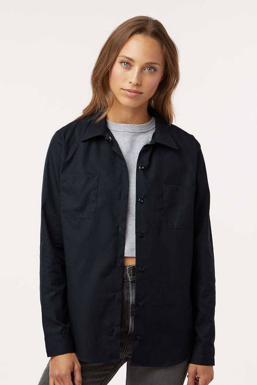 Dickies L5350 Womens Industrial Wrinkle Resistant Long Sleeve Button Down Work Shirt w/ Double Pockets Black Model Front