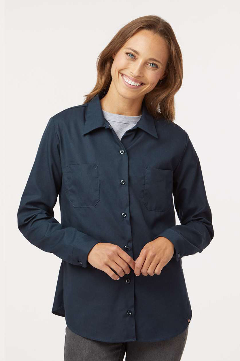 Dickies L5350 Womens Industrial Wrinkle Resistant Long Sleeve Button Down Work Shirt w/ Double Pockets Dark Navy Blue Model Front