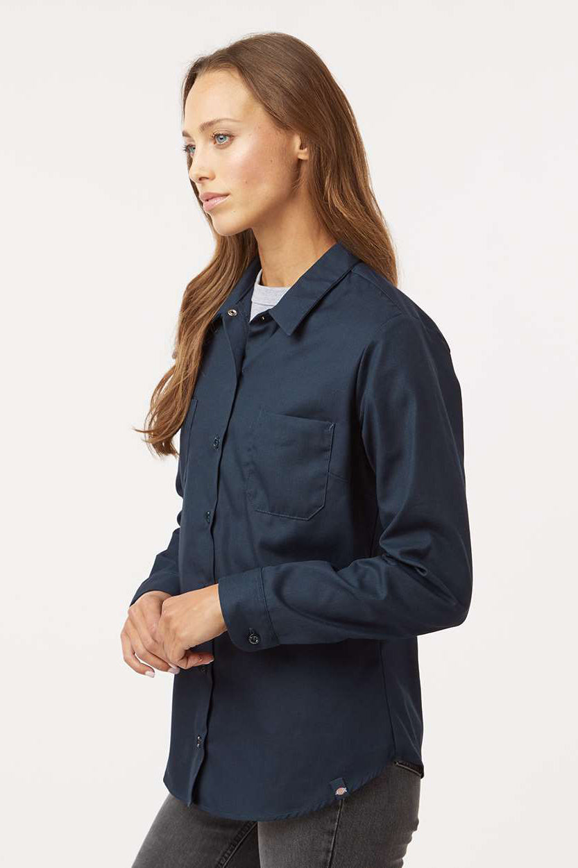 Dickies L5350 Womens Industrial Wrinkle Resistant Long Sleeve Button Down Work Shirt w/ Double Pockets Dark Navy Blue Model Side