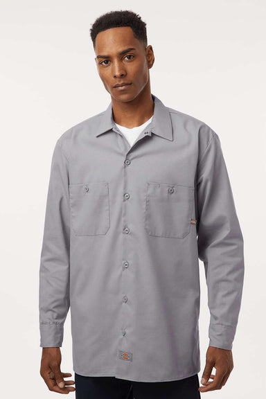 Dickies L535 Mens Industrial Wrinkle Resistant Long Sleeve Button Down Work Shirt w/ Double Pockets Graphite Grey Model Front