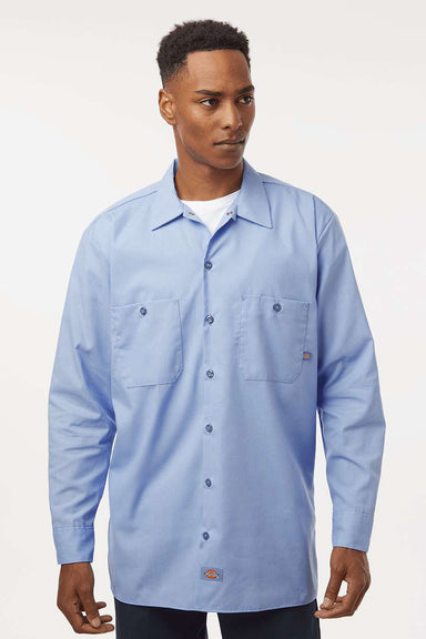 Dickies L535 Mens Industrial Wrinkle Resistant Long Sleeve Button Down Work Shirt w/ Double Pockets Light Blue Model Front